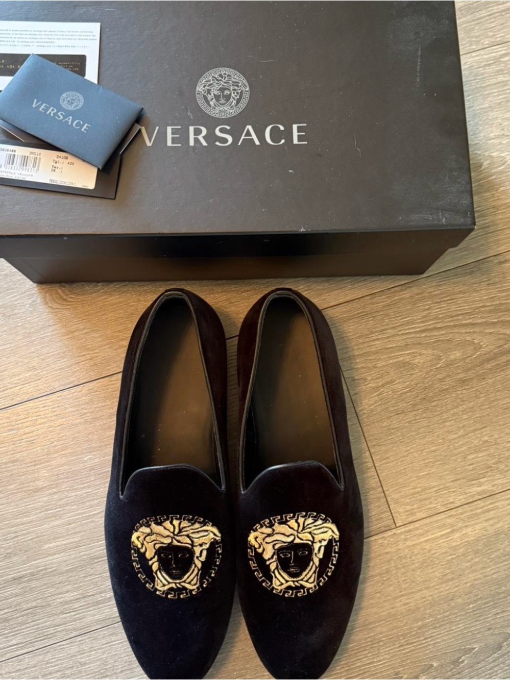 Versace Black Velvet Loafers with Gold Medusa Crest
